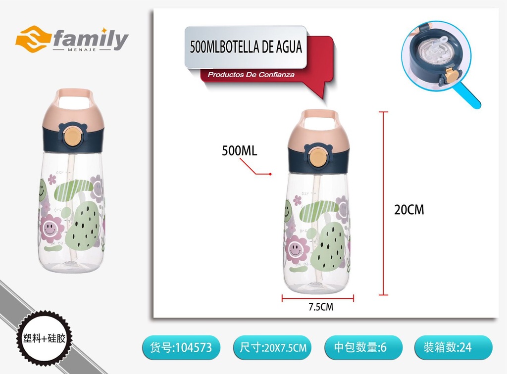 Botella de agua con tapa a presión y graduación 500 ml