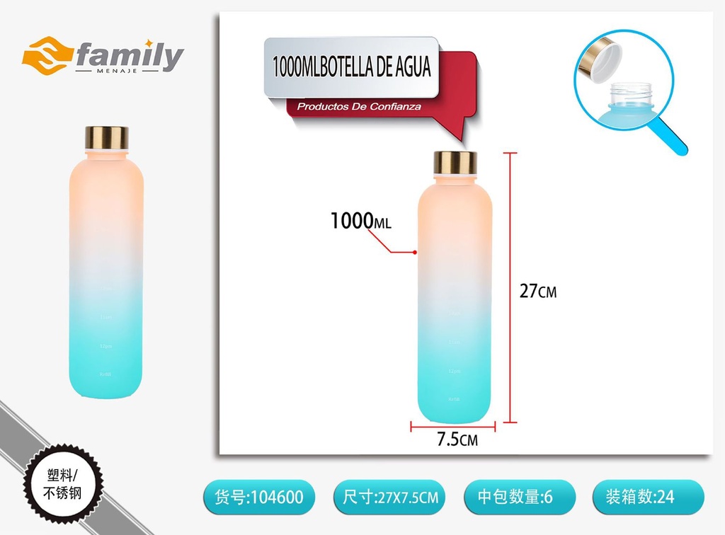 Botella de agua con gradiente de color 1000ml para deportes y uso diario