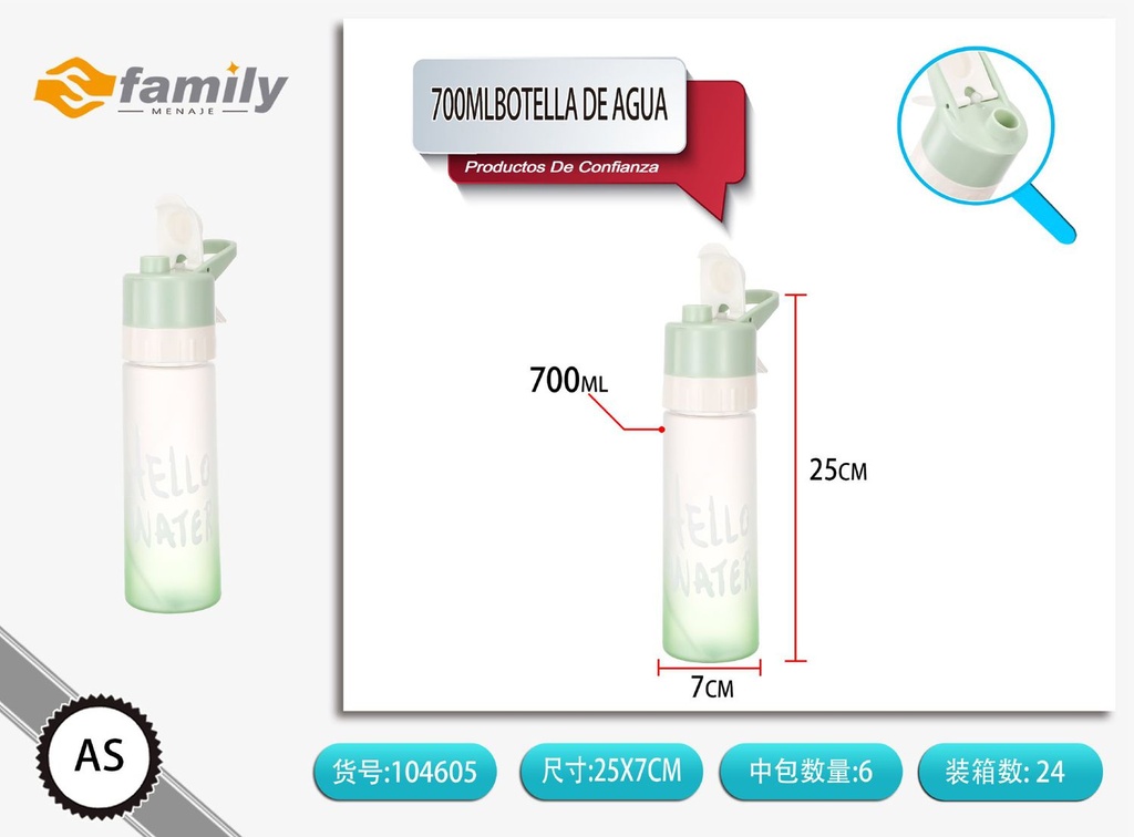 Botella de agua con spray de plástico 700ml para bebidas