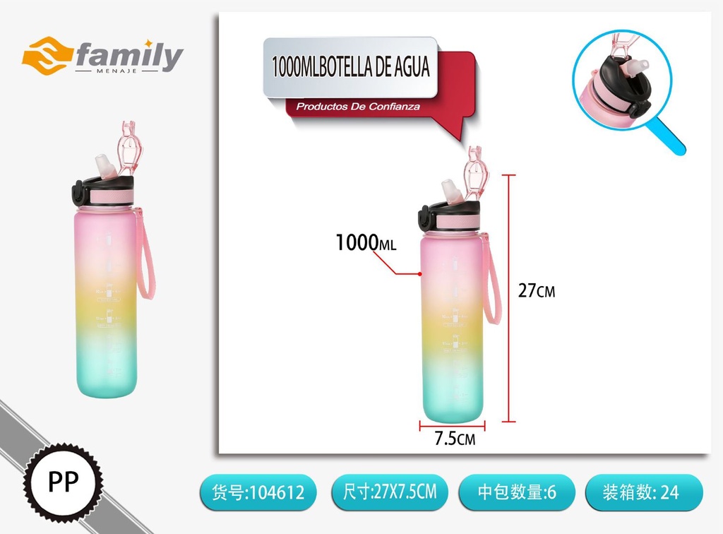 Botella de agua con asa 1000 ml para deporte