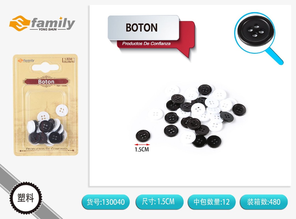 Botón de plástico negro y blanco 1.5 cm para confección