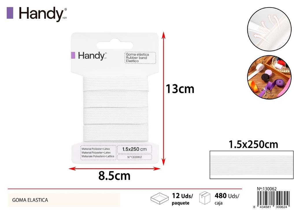 Goma elástica plana blanca 1.5 cm x 2.5 m - Accesorios de costura