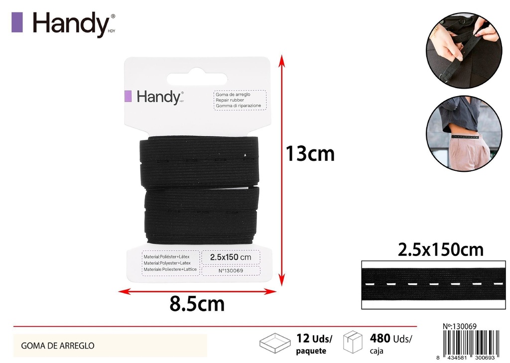Goma de arreglo negra 2.5 cm x 1.5 m - Accesorios de costura