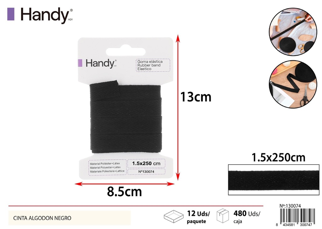 Cinta de algodón negra 1.5*2.5M - Material de costura y manualidades