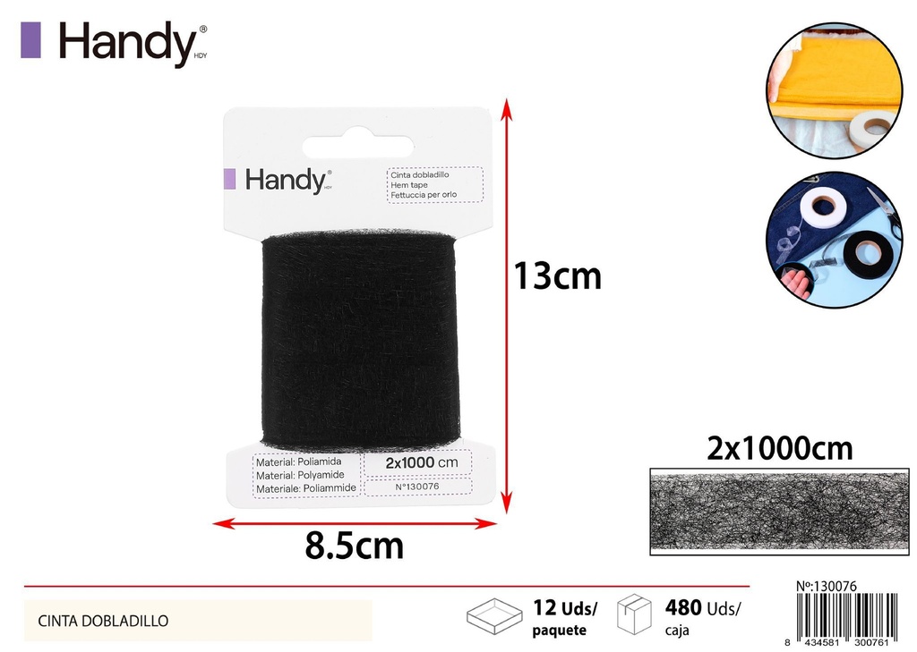 Cinta de dobladillo termoadhesiva 2.0x10m negra para costura