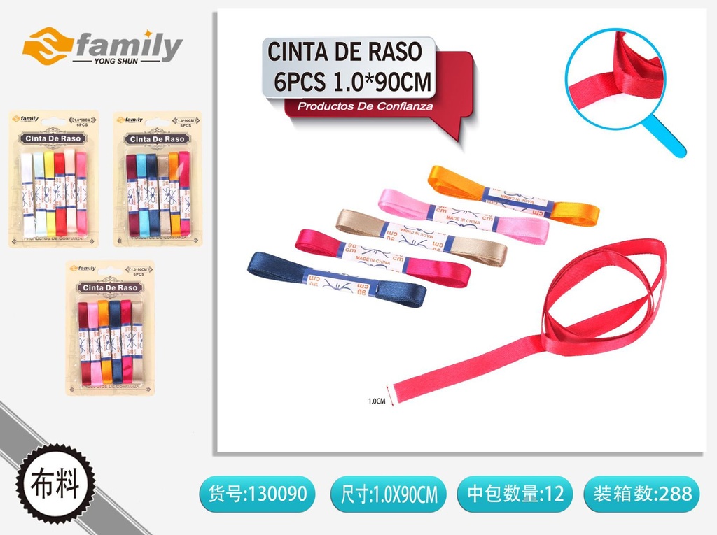 Cinta de raso 6pcs 1.0x90cm para manualidades y costura