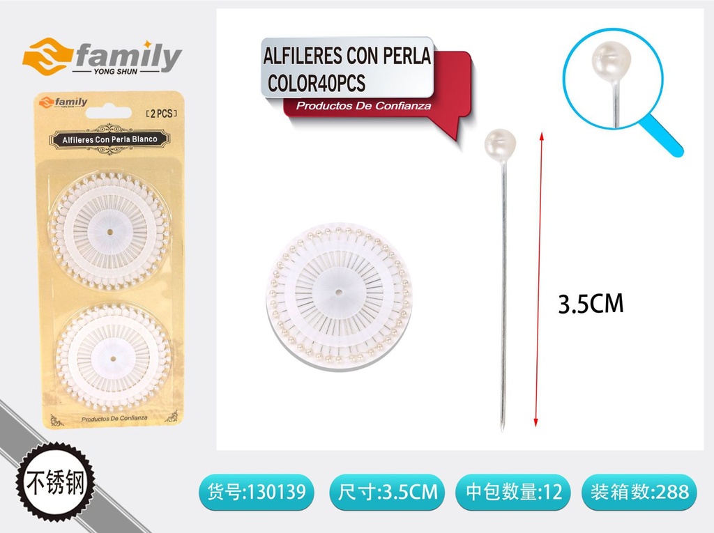 Alfileres con perla blanco 40pcs para costura y manualidades