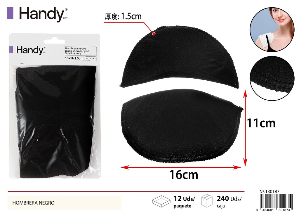 Hombro de Esponja Negro 16x11x1.5cm - Almohadilla para Ropa
