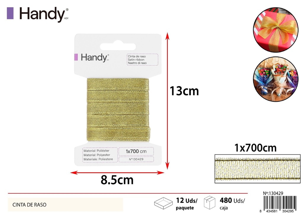 Cinta de raso dorada 1.0 cm*7m - Artículos de costura