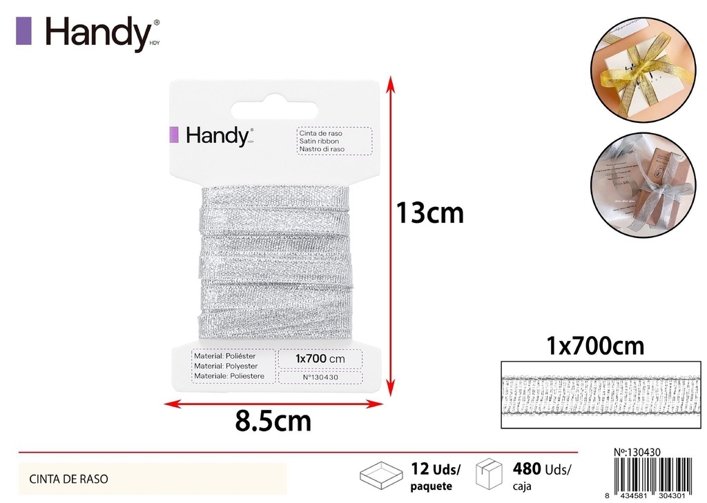 Cinta de raso plateada 1.0 cm*7m - Artículos de costura