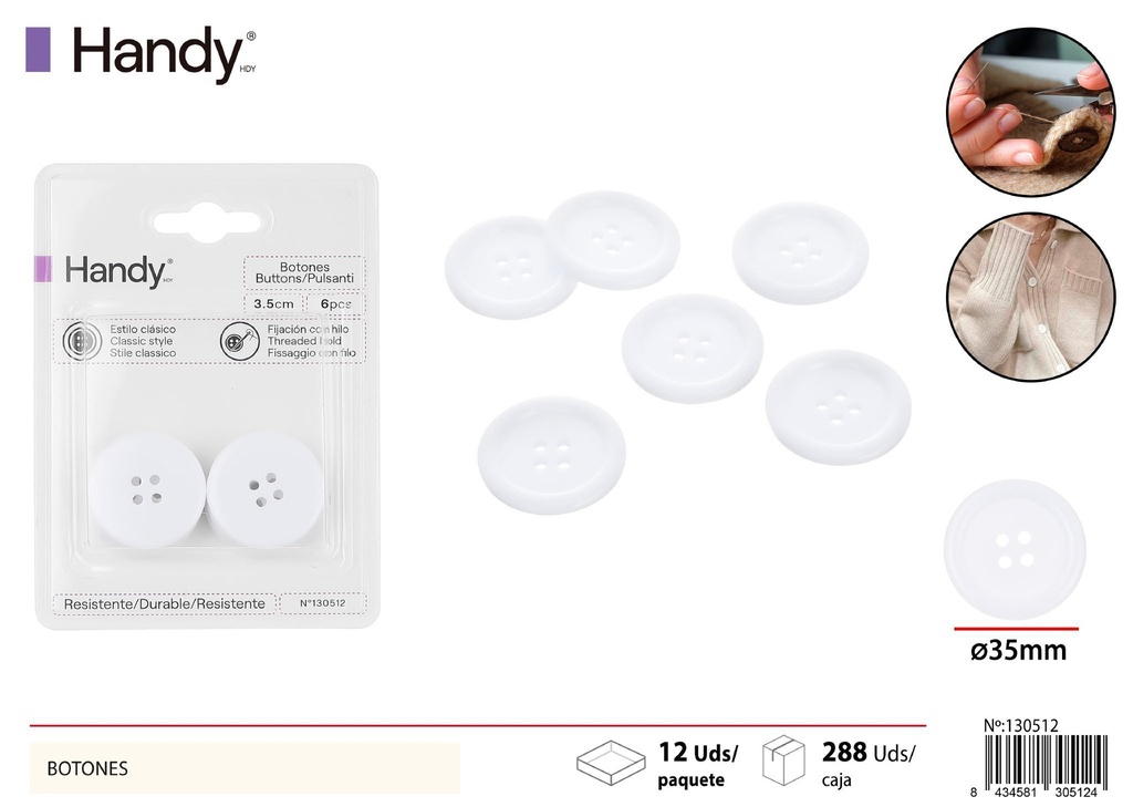 Botones blancos 3.5 cm (6 pcs) - Accesorios de costura