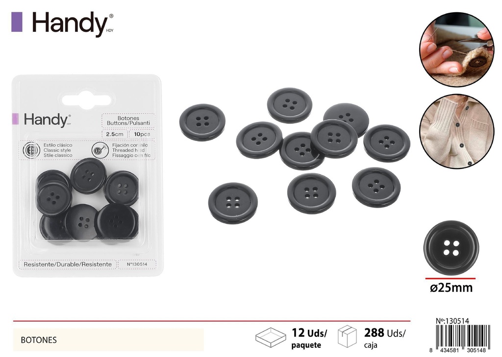 Botones negros 2.5cm 10pcs para costura y manualidades