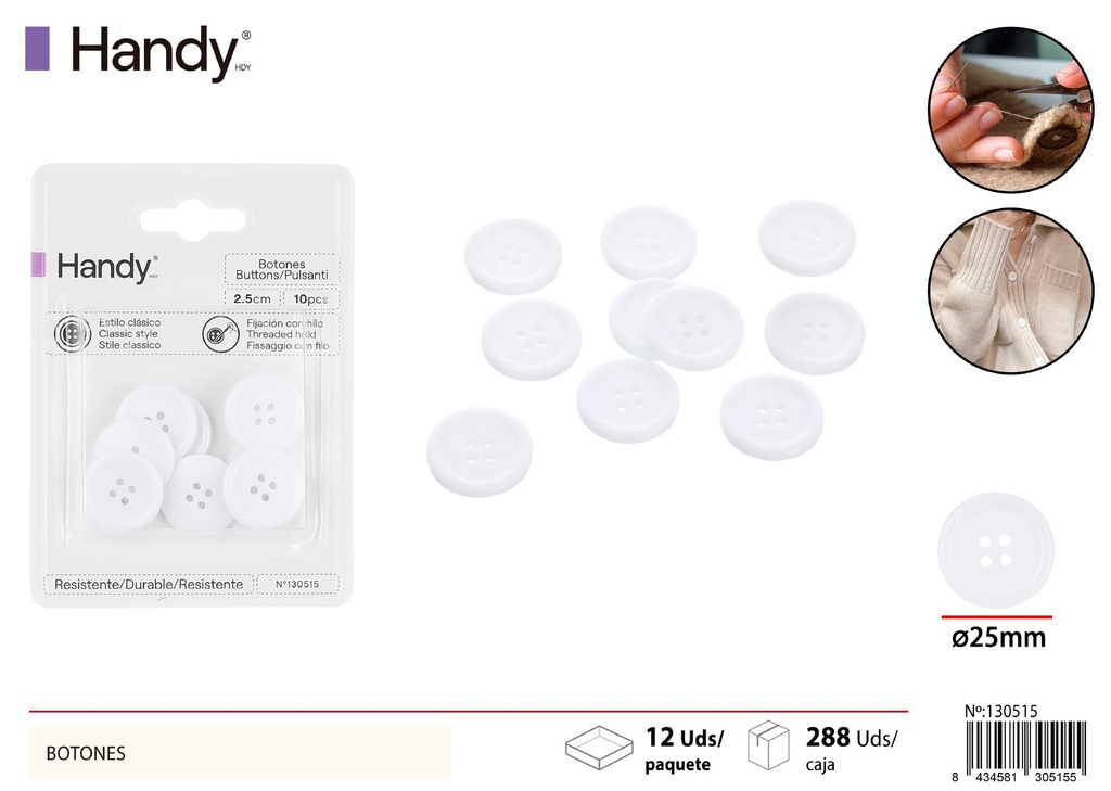 Botones blancos 2.5 cm (10 pcs) - Accesorios de costura