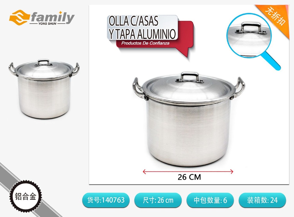 Olla c/asas y tapa de aluminio 26cm para cocina