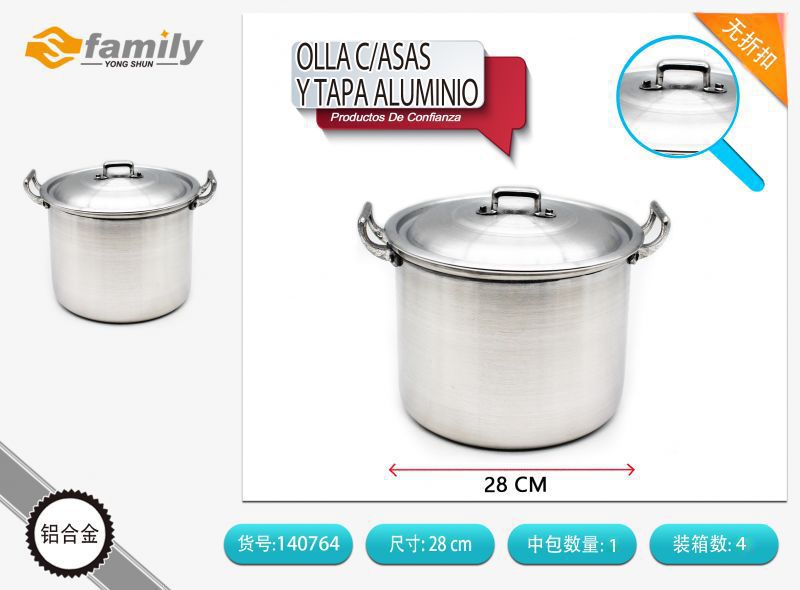 Olla de aluminio con asas y tapa 28cm para cocina