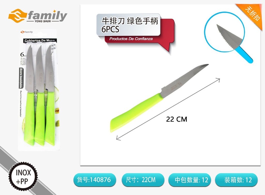 Cuchillo para carne con mango verde 6pcs