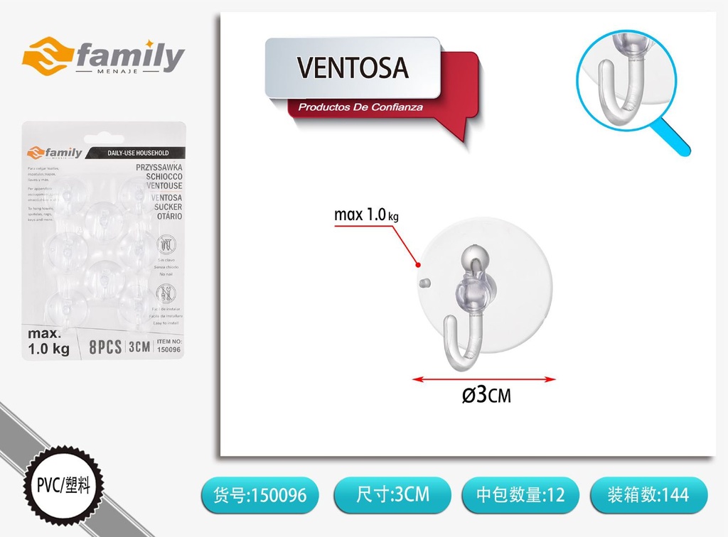 Ventosa transparente 3 cm 8 unidades - Ganchos y accesorios de baño