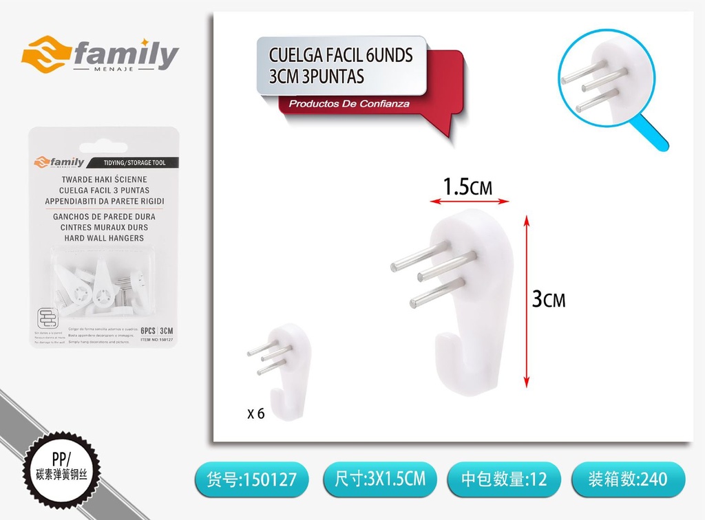Cuelga fácil 6UND 3CM 3 puntas - Artículos de colgar