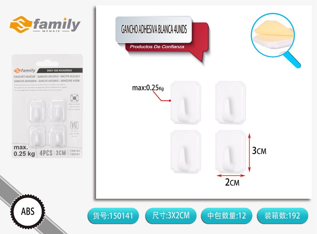 Gancho adhesivo blanco 4unds para colgar y organización