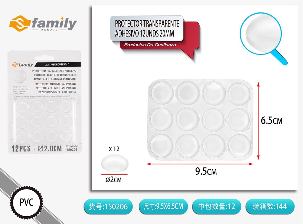 Protector adhesivo transparente 20mm 12 piezas