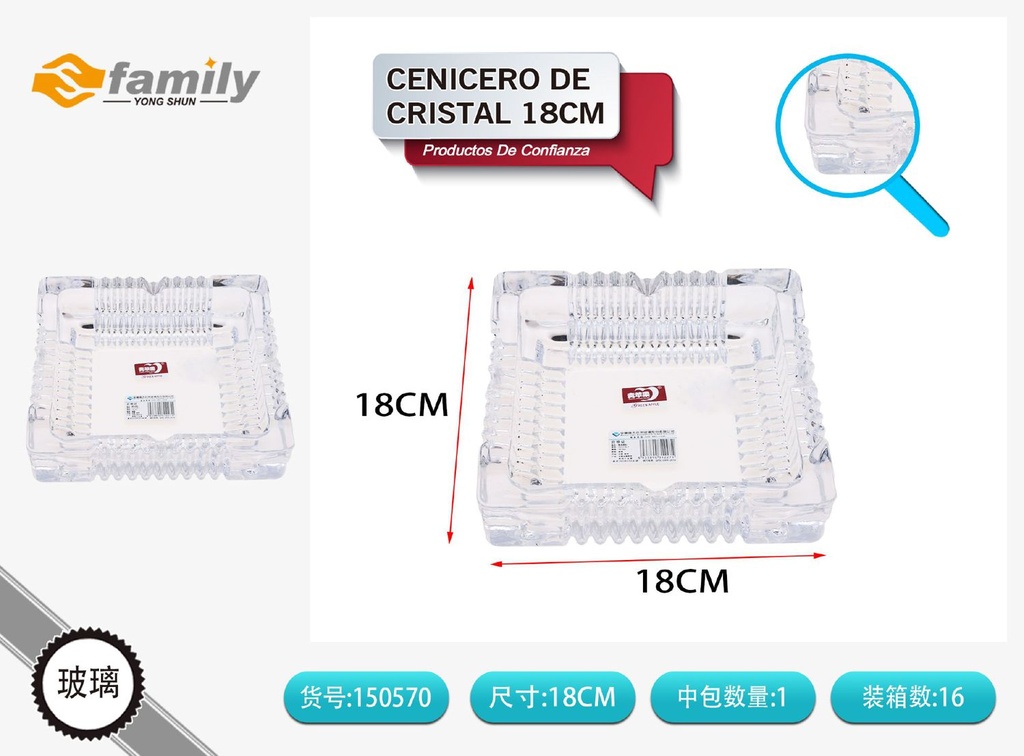 Cenicero de cristal cuadrado 18cm para fumadores