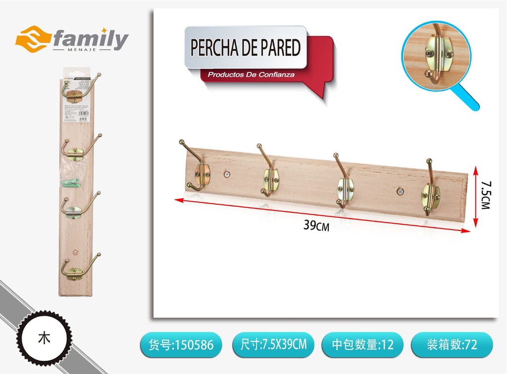 Percha de pared con 4 ganchos plegables