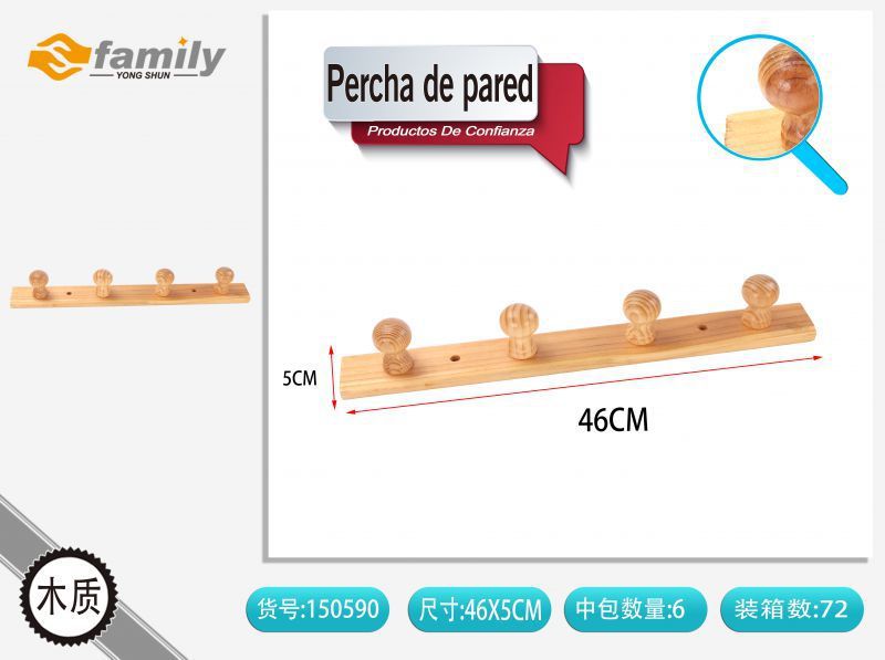 Percha de pared de madera con 4 ganchos