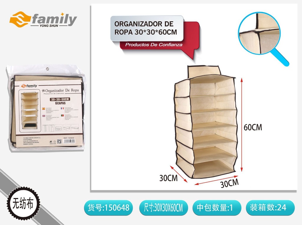 Organizador de ropa de 6 niveles 30x30x60cm para almacenamiento