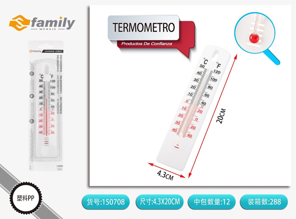 Termómetro 20x4.3cm para medición de temperatura