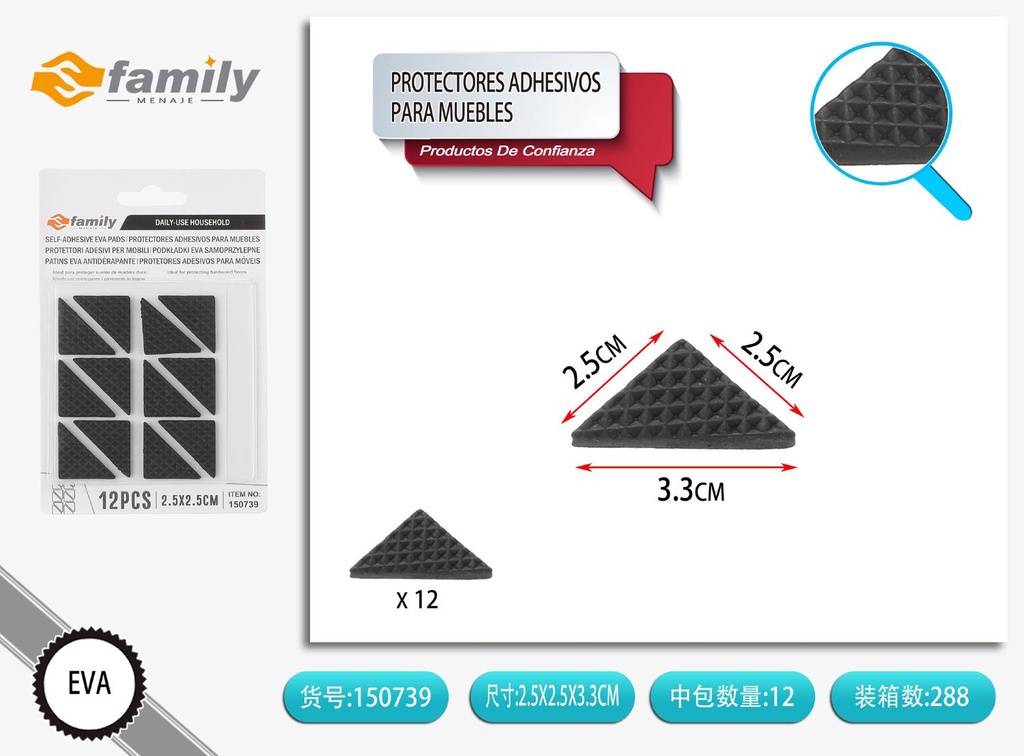 Protectores adhesivos para muebles triangulares 2.5x2.5x3.3cm 12 piezas