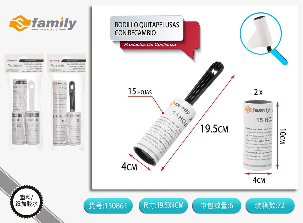 Rodillo quitapelusas con recambio 15 capas para limpieza