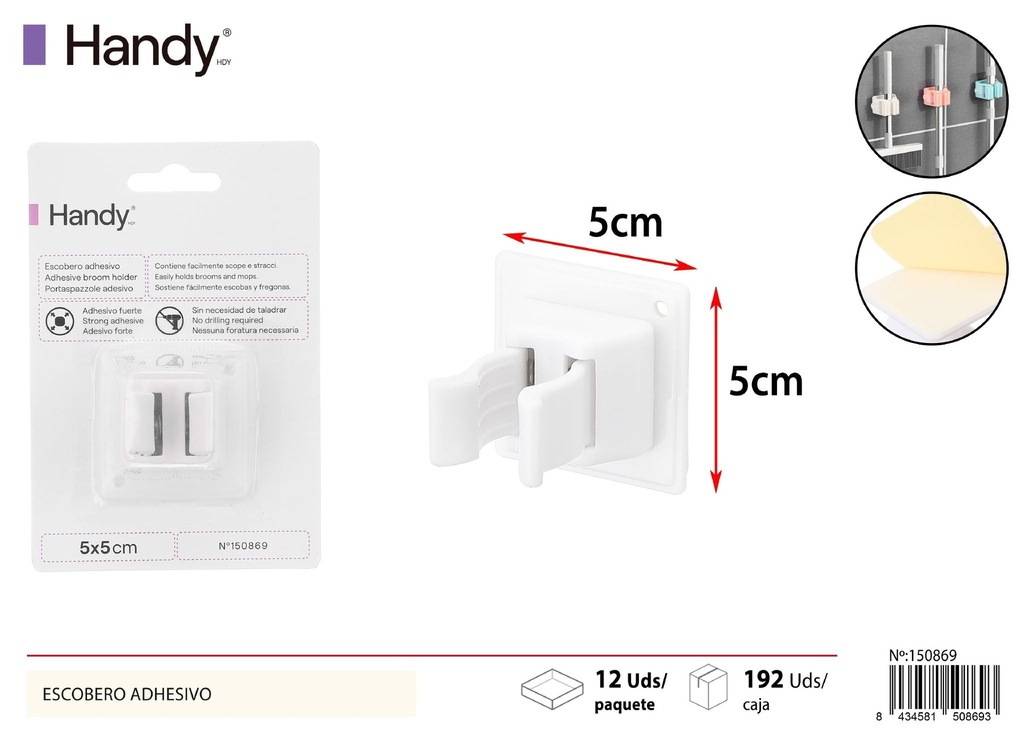 Escobero adhesivo blanco para organización de limpieza