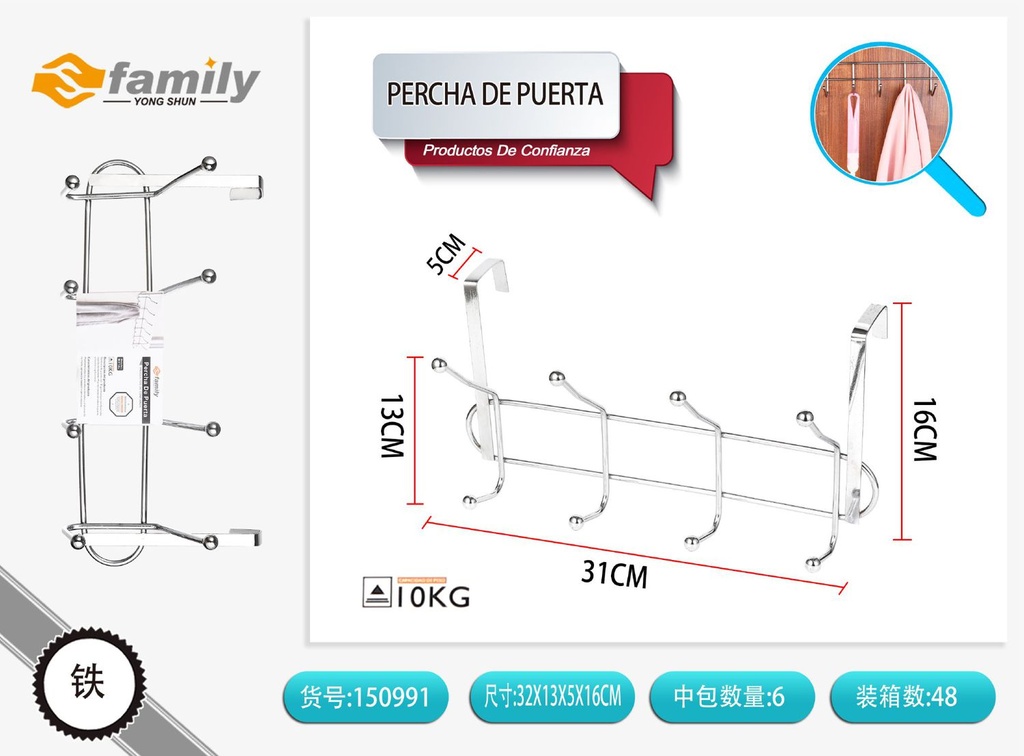 Percha de puerta 4 ganchos para colgar ropa