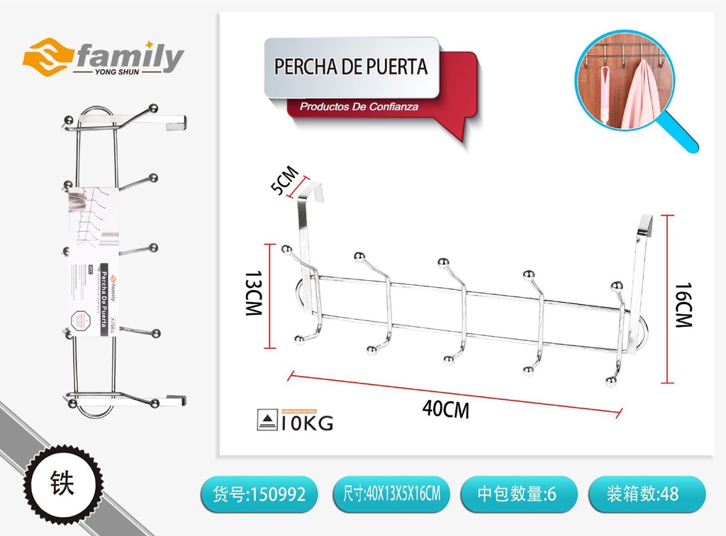 Percha de puerta con 5 ganchos