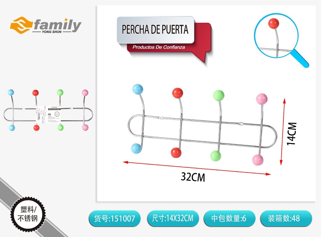 Percha de puerta con 4 ganchos de resina para colgar