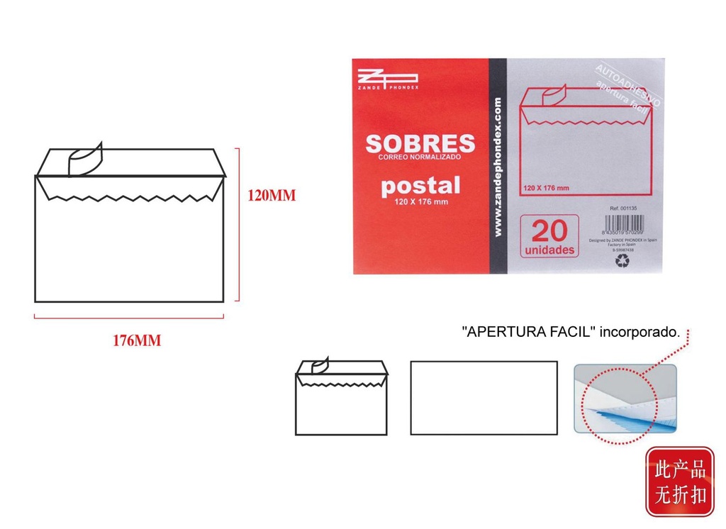 Sobres 120x176 mm 20 unidades - Material de oficina