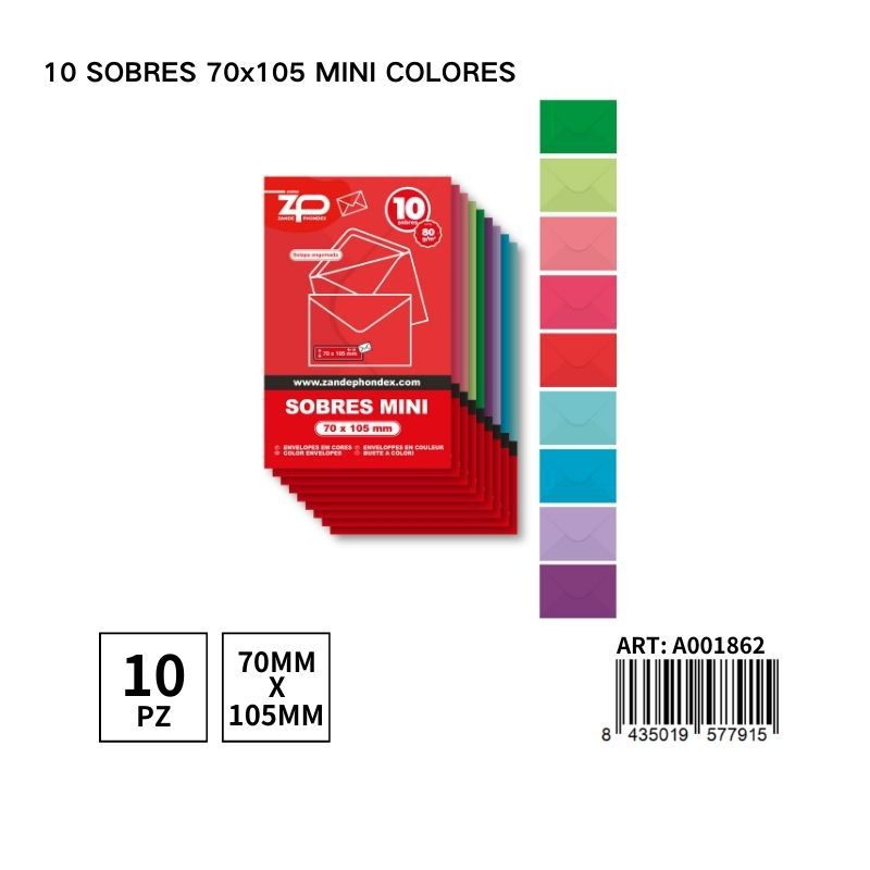 Sobres mini de colores (10 uds - 70 x 105 mm) - Material de oficina y papelería