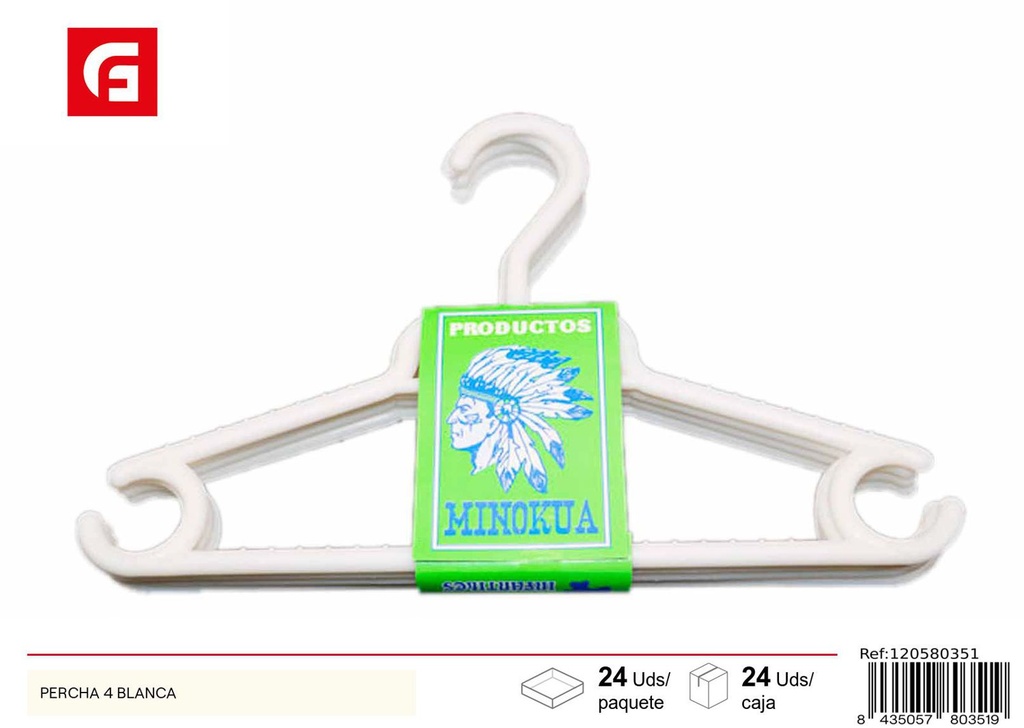 Percha plástica blanca 4 unidades - Accesorios de hogar