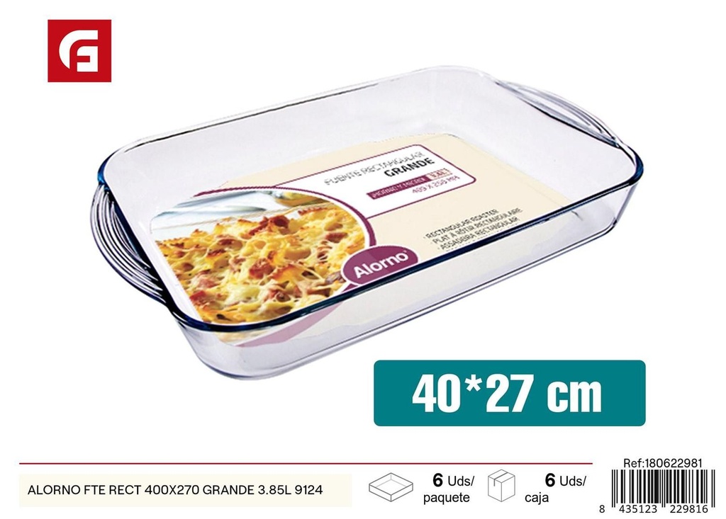 Fuente de vidrio rectangular 400x270mm 3.85L cocina