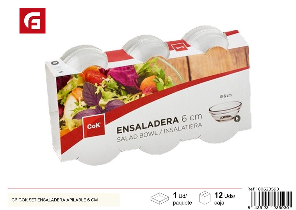 Set ensaladera apilable de vidrio 6 cm para cocina