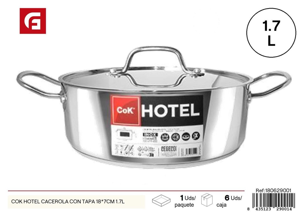 Cacerola con tapa 18x7cm 1.7L para cocina y hotel