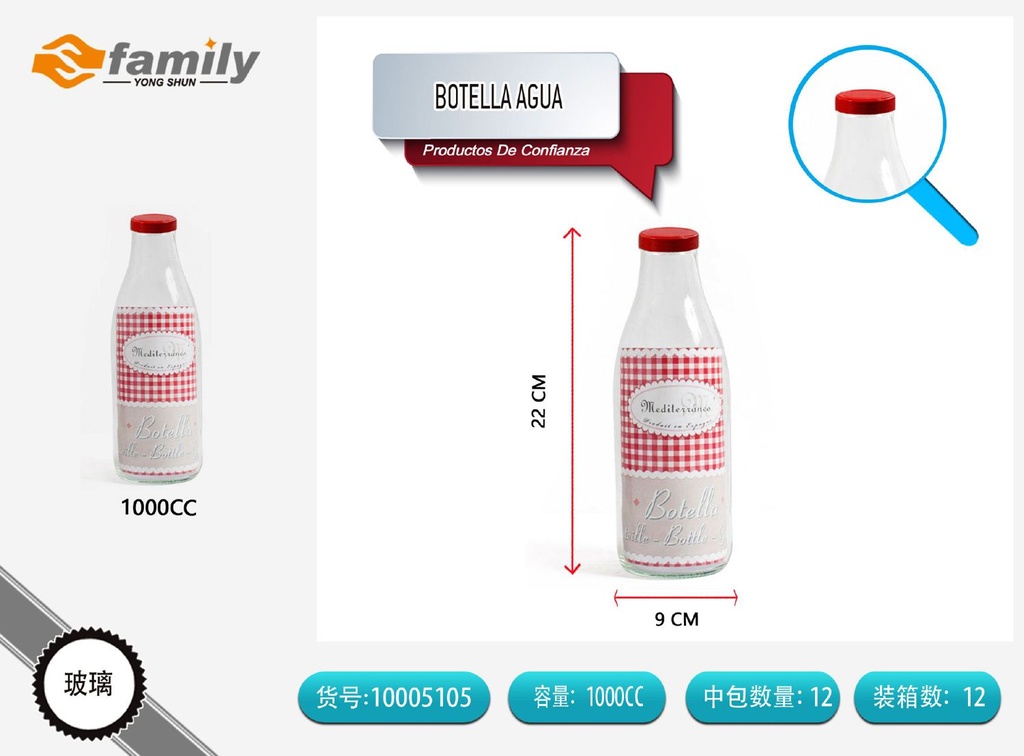 Botella de agua 1000cc cristal