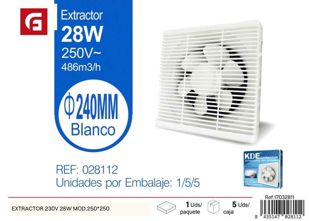 Extractor de aire 230V 28W modelo 250*250