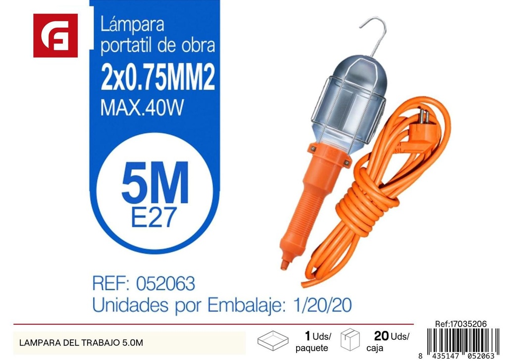 Lámpara de trabajo con cable de 5m