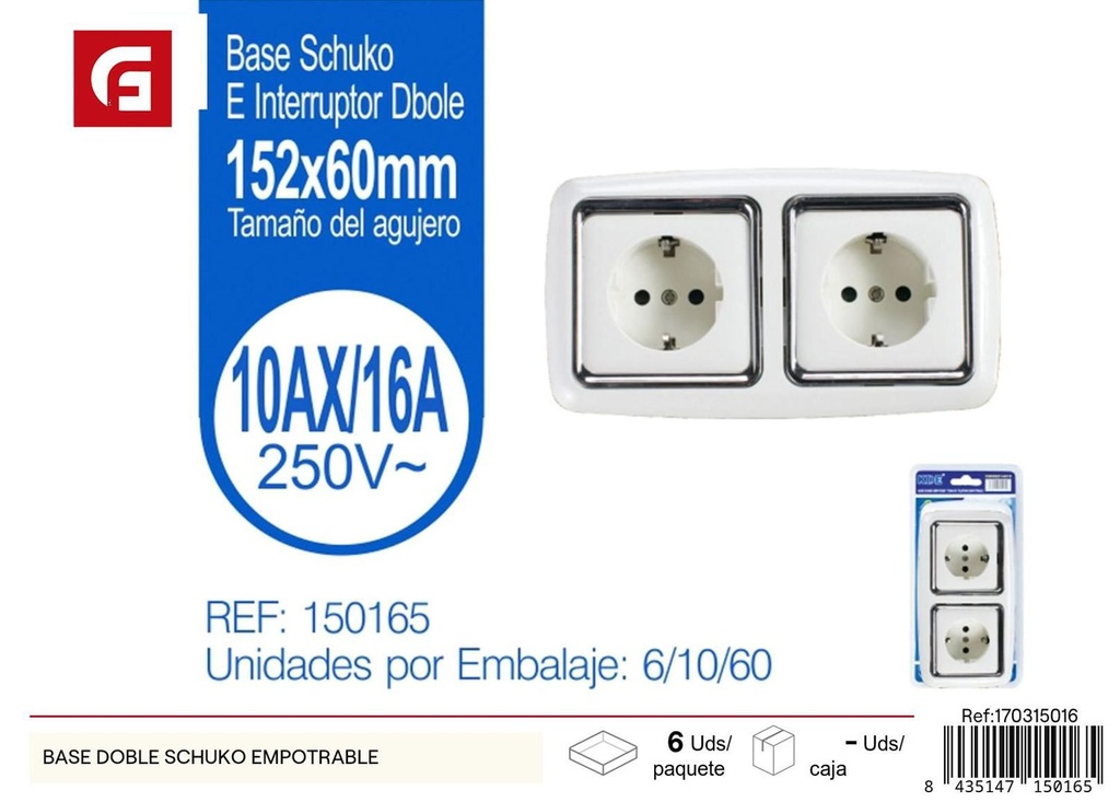 Base doble schuko empotrable para instalaciones eléctricas