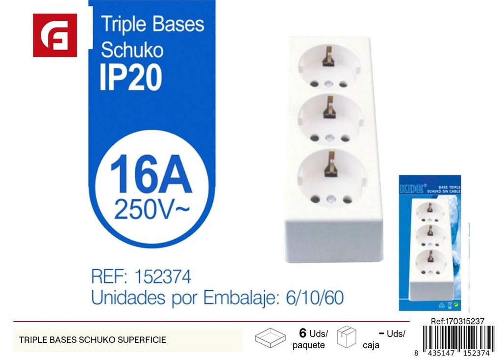 Triple base schuko para enchufes y conexiones eléctricas