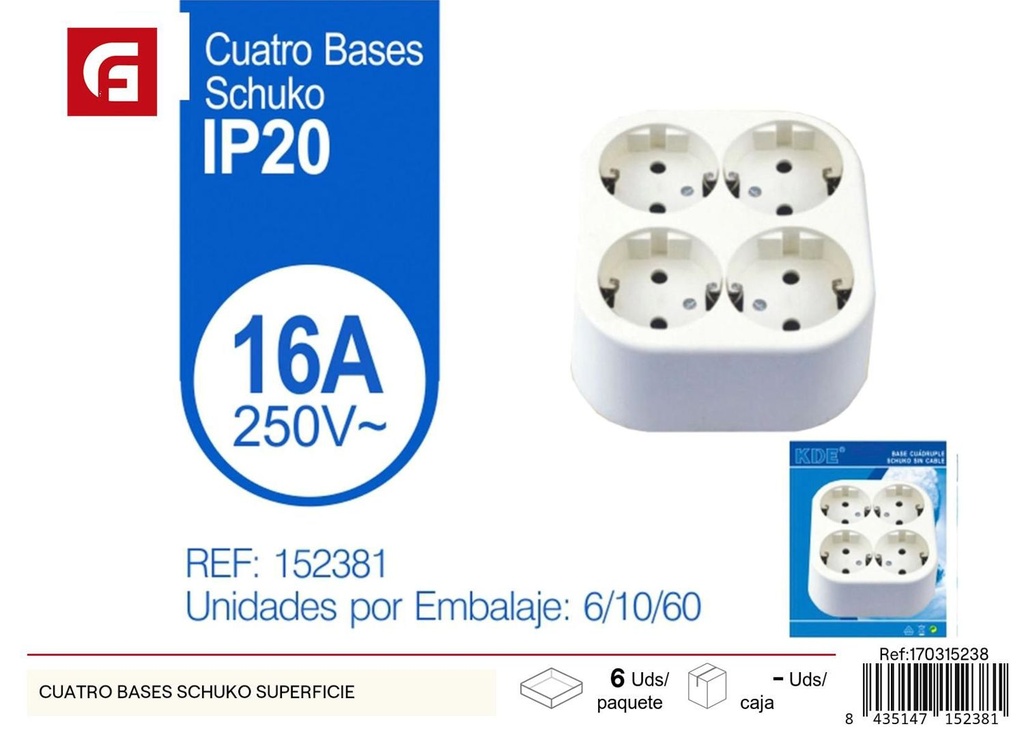 Base múltiple Schuko con cuatro enchufes para superficie