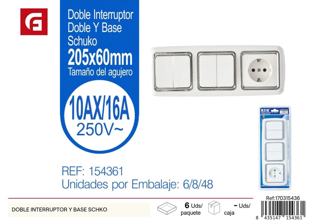 Doble interruptor y base schuko para instalaciones eléctricas