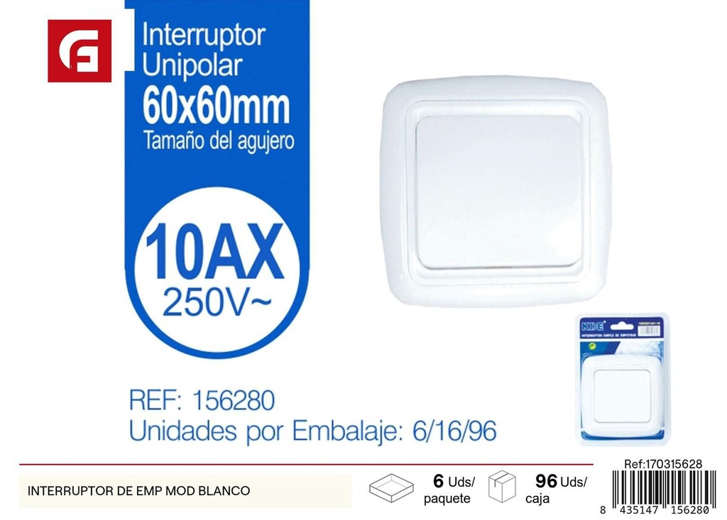 Interruptor de empotrar modelo blanco