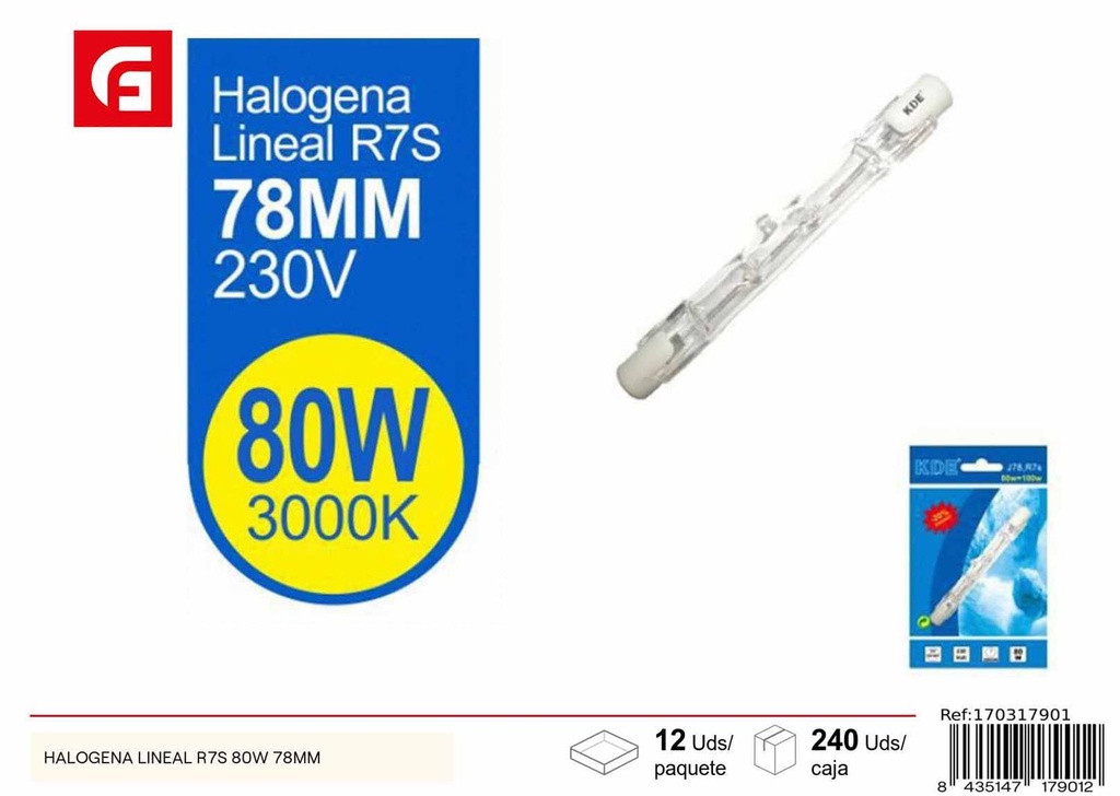 Lámpara halógena lineal R7S 80W 78mm para iluminación